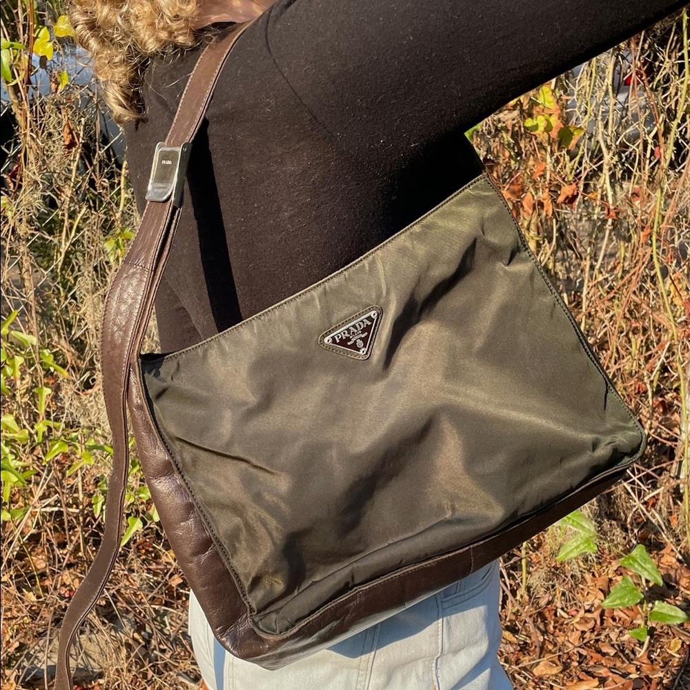 Vintage green Prada nylon leather shoulder bag